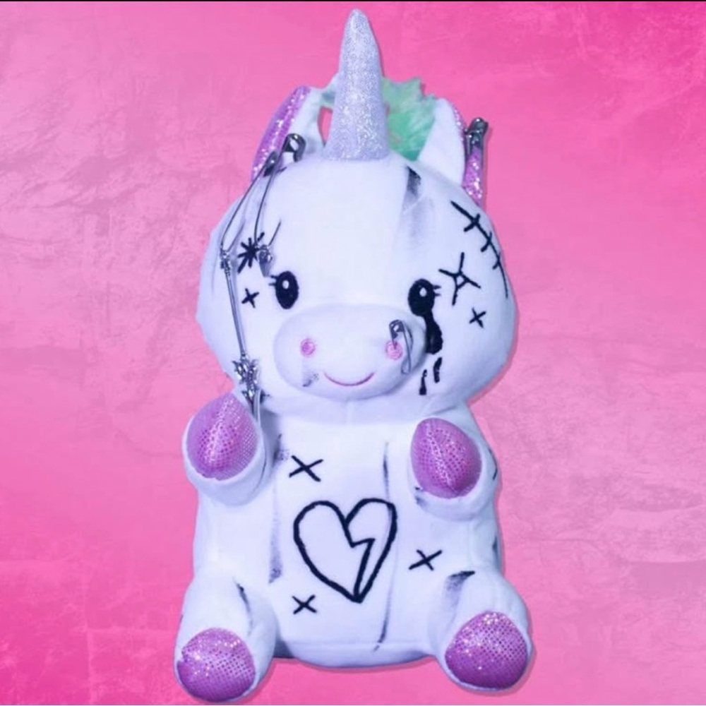 Plush Unicorn Toy with Pink Accents, Charms, Safety Pins, emo & grunge & y2k
